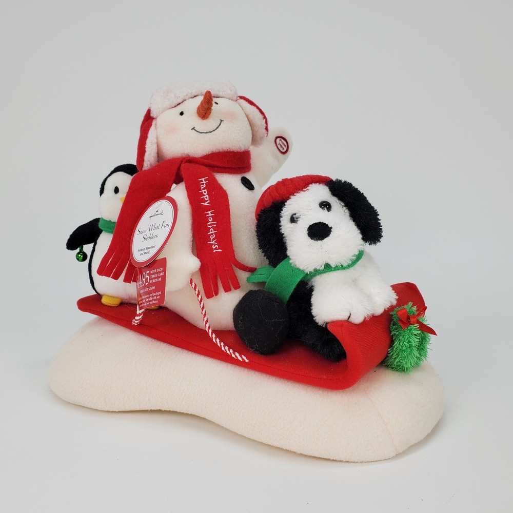 Hallmark Snow What Fun Sledders Musical Animated Christmas Plush Snowman Penguin